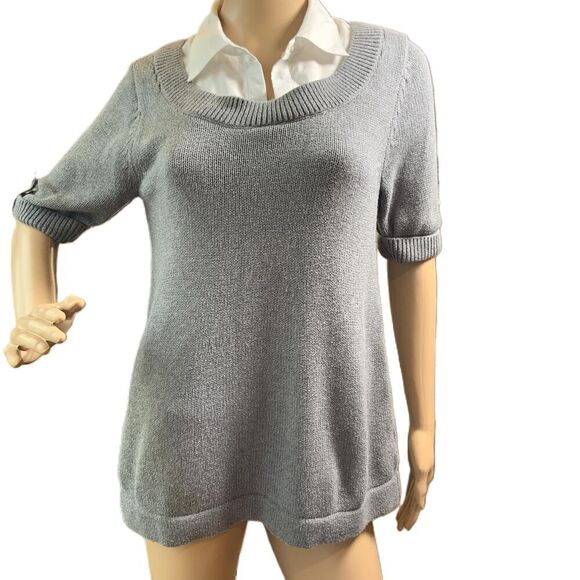 Dressbarn Grey Short Sleeve Collared Neck Layered Pullover Sweater Size Medium - Picture 1 of 13